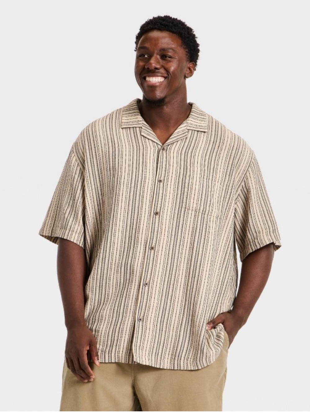 Goodfellow & Co Beige and Black Striped Short-Sleeve Button-Down Shirt
